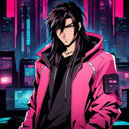 mysterious youthful male hacker, pink jacket, long hair, cyberpunk background, dark and intriguing, confident, intense, handsome, anime style, retroanime style