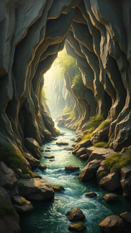 Bosch painting style, 3D multi layers caves where the a river stream