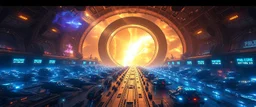 A colossal interstellar trading station inside a glowing nebula, thousands of cargo ships queue beneath gigantic docking rings. Small armored broker vessels carry elegant woven crystalline fuel rods glowing with blue, amber and violet energy. Massive holographic trade signs illuminate the docks. The atmosphere is mysterious, industrial and majestic, cinematic science fiction, ultra detailed, volumetric lighting, dramatic scale, intricate technology, epic concept art, 8k, sharp focus., Ross Tran