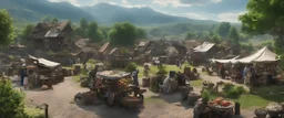 a pro-quality photo of a busy outdoor village market, with a beautiful outdoor countryside summer scene with distant hills & fields, intricate dwellings, many pathways & stairways, streams, waterfalls, waterwheel, & a beautiful sky : very high detail, epic cinematic, 8K, Large depth of field