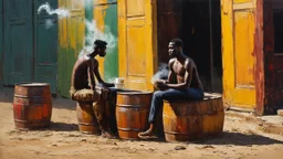 minimalist acrylic impasto painting of two skinny tall black Somali neighbors sitting on rusty oil barrels drinking steaming coffee, wide angle, dusty heat, tribal vibe, amazing reflections, amazing verticals, great parallels, warm shades of yellow, orange, green and black with sparse deep red leaks, afrofuturism, rusty village decay, arafed doors