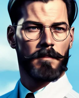 Handsome human male, aviator, clear black glasses, educated man, trimmed beard, blue eyes, slick blonde hair, full-scale head and shoulders portrait, concept art portrait by Greg Rutkowski, WLOP, Alphonse Mucha dynamic lighting hyperdetailed intricately detailed Splash, volumetric lighting fantasy