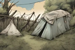 two tents, overgrown, post-apocalyptic, comic book, fence