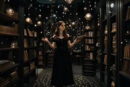 full-height shot of a woman in a tight black dress, holding up small glowing symbols, inside a magic book shop