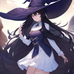 Clear focus, High resolution, Black long fluffy hair, purple eyes, wearing a witch outfit, wearing a white short skirt