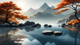 A serene autumn scene . Rocks delicately balanced atop each other in the water form a minimalist, tranquil composition. This image exudes a powerful zen atmosphere, with its soft and natural background. It encapsulates the essence of environmental art and invites meditation in a zen garden or temple,dramatic scene,low poly,reflections,dramatic scene