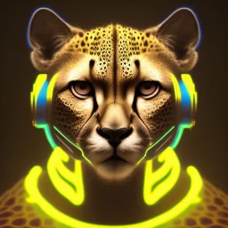 A beautiful portrait of a cyborg cheetah yellow neon color scheme, high key lighting, volumetric light high details psychedelic background