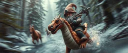 oil painting ,close up motion blur portrait of dwarf thief - Forgotten Realms dodging cyberpunk armored dwarf with war half moon spear hammer with spikes, riding tiny furry brown and purple hot dog dragon lama with smoking mouth above water and along winding branches in lush icy forest along speeding horses , bokeh like f/0.8, tilt-shift lens 8k, high detail, smooth render, down-light, unreal engine, prize winning