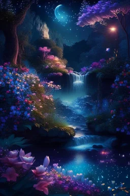 beautiful fairy land in space,night lights,flowers,river,waterfall,trees