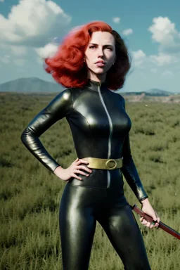 retro portrait image from 1960, sky background, wind, long red hair, fighting stance, sweet young Scarlett Johansson, black dress, classic tight lycra black suit, weapon, gold bracelet and belt, high heel boots, soft color, highly detailed, unreal engine 5, ray tracing, RTX, lumen lighting, ultra detail, volumetric lighting, 3d, finely drawn, high definition, high resolution.