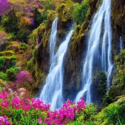 paysage féerique avec cascades arbres fleurs montagnes