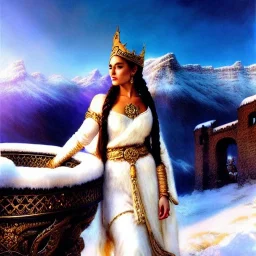 Drawing of beautiful face extra busty viking queen,balcony, view, fire brazier,braids,,snow,castle,mountains,ancient leather armor, balanciaga fashion clothe painting by gaston bussiere, greg rutkowski, yoji shinkawa, yoshitaka amano, tsutomu nihei, donato giancola, tim hildebrandt, oil on canvas, cinematic composition, extreme detail,fit full head inside picture,16k