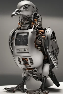 A picture of a pigeon laying still, it has robot parts and a set of batteries AAA are showing from the body, extreme detail