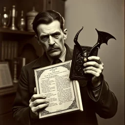 A ww2 german scientist holding a demonic grimoire