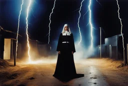 [color photo by Helmut Newton] In the eerie glow of the VHS recording, a chilling scene unfolded with scary giant mascot puppets and undead slime teddy bear mascots. A sexy 23-year-old nun, dressed in a black nun costume with 70s blonde hair, stood amidst bolts of electric arcs and glitter in the air with lightning crackling around her. The surreal mix of horror and beauty captured on film created a haunting tapestry of fear and fascination, blurring the line between reality and nightmare.