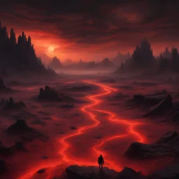 A barren wasteland stretches as far as the eye can see, bathed in an eerie red glow emanating from the ominous skies above. Jagged rocks jut out from the cracked earth, and rivers of molten lava snake through the landscape, casting flickering shadows across the desolation. In the midst of this infernal panorama lies the fallen figure of a human, their silhouette barely discernible amidst the swirling mists of brimstone. The air is thick with the acrid scent of sulfur, and distant screams echo