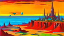 Oil painting of a martian city by Bob Ross. Martian landscape