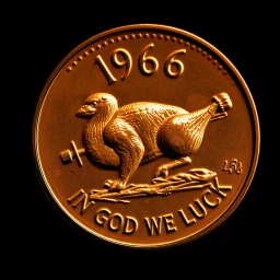 photography of a 1966 copper penny but with a roasted rotisserie Spatchcock chicken on a spit engraving, text "1966", text "IN GOD WE CLUCK", surreal, dark negative space,