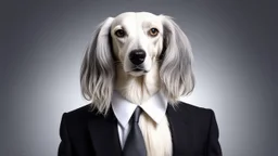 A portrait of a Saluki dog with a human body, wearing a black business suit and a white blouse, set against a gradient gray background. The dog's fur is a mix of white and gray, with long, flowing hair that frames its face. The lighting is soft and diffused, highlighting the textures of the fur and the fabric of the suit. The composition is a close-up, focusing on the dog's face and upper body, creating a sense of formality and professionalism.