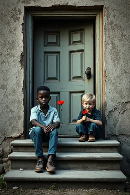 A black two years old boy and a white boy holding a small poppy sitting on the door steps of the an old paints cracked dirty abandoned house door , insanely detailed octane render trending on artstation, 8k artistic photography, photorealistic concept art, soft natural volumetric cinematic perfect light, chiaroscuro, award-winning photograph, masterpieces, oil on canvas, Raphael, Caravaggio, Greg Rutkowski, people, beksinski,
