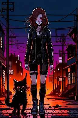 Punk girl with the black cat on the small town street, at night, graphic style, Banksy style, highly detailed, brown hair, long legs, heavy boots, fishnet stockings, black jacket