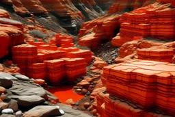 A reddish orange colored canyon with batteries and high voltage grounds designed in Ica stones painted by Hashimoto Gaho
