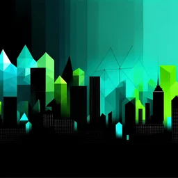 Digital illustration of a minimalist, polygonal and digital city, colors are black, light blue and light green (#CCE7D5).