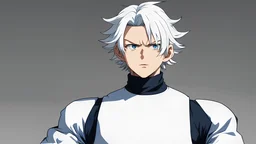 Satoru Gojo is a young guy white hair blue eyes black turtleneck without arms white loose pants in a defensive pose