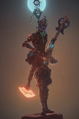 steampunk goblin holding an axe under a red moon in a dystopian city