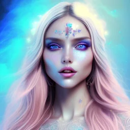 beautiful, soft, big smile face, whole head, long straight blonde hair blues eyes, crown on the head, clothing in transparent bluish and pink veil, background brillante bluish and pink, hight definition, 8K