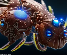 A beautiful capture of a biomechanical spider fruitbat squid hybrid, high key lighting, volumetric light, INSANE detail, robotic, cyberpunk, retrofuturism, vray, 8k 3d, biopunk, bio-organic surrealism, highly detailed matte painting, telephoto lens, smooth, perfect, earth orbit, designed by Davinci