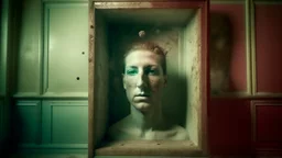 floating Face on the wall in a deserted, empty room, augmented reality, pantomim, masks, eerieland, abstract surrealism, glitter, calotype combineted transparent burgundy and pastel menta color, tintype , performance art