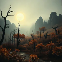 Close-up Ilford photograph of a creepy surreal landscape, eerie, no style, autumn vegetation, very surreal, trees, spooky, metaphysical objects, giant sun, intricate, thoughtful, appalling, mountain rocks, deep 3d field, 8k, hypermaximalist, fog