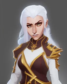 d&d character, female, cleric, happy, armor, white hair, gold eyes, smiling