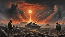 "Create a hyper-realistic painting that captures the grim essence of war's tragedy: In a moonlit, desolate battlefield, shattered tanks and twisted artillery lay amid the smoke and ruins. Soldiers, weary and haunted, stand in the foreground, their faces a blend of fear, despair, and determination. The backdrop shows a surreal sky where fiery clouds and spectral figures merge, symbolizing the surreal horrors of conflict."