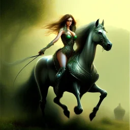 fullbody portrait of beautiful busty with big green eyes woman riding a horse by Luis Royo 8k