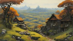ink oil painting of an ancient alien village landscape, hung with a drapery of lush moss, in the impressionist style of Childe Hassam, mixed with art nouveau, and abstract impressionism, and the comic art style of Jean-Giraud Moebius, precise and sharply defined brickwork, and masonry edges, in subdued autumnal colors