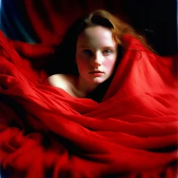 Lily cole under a red blanket, in the wind, autochrome, baroque