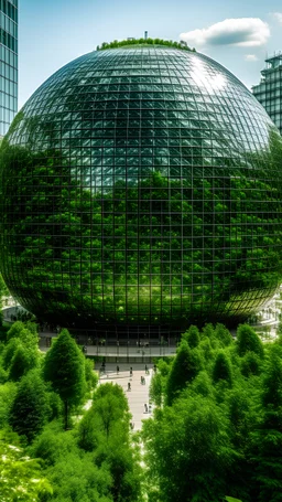 A huge glass hemispherical structure in the middle of a very busy city, full of trees and green spaces.