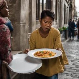 poor person with a plate asking for food