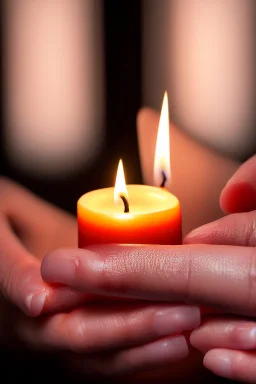 close up photography of female hands holding strong a very long burning wax candle, in a dark room, ambient occlusion, photorealistic