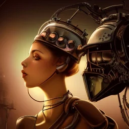 great illustrator, spanish, realistic rendering of a cute spanish girl kissing a cybergirl with helmet, beautiful, steampunk style. Helmet with tubes. Machinery in the background. robotic bird flying. High details. 4k. unreal engine, sunset