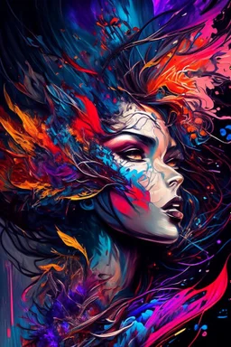 Generate a captivating digital artwork where a vivid explosion of images on a canvas bursts forth, weaving together elements of a woman, demons, tattoos, flowers, and stormy hues. Capture the essence of dynamic creativity in this abstract masterpiece."