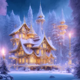 a magical crystal snow bleu gold house in the woods, pink vertical, blue lake,sharp, vines, candlelit, endor, ornate, elegant, highly detailed, artstation, concept art, smooth, sharp focus, illustration, 8k, splash art, wallpaper, key visual