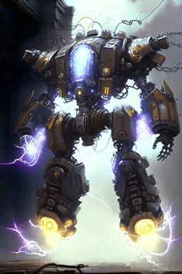 huge mechanical robot exosuit make electricity lightning coming from it, steampunk exosuit