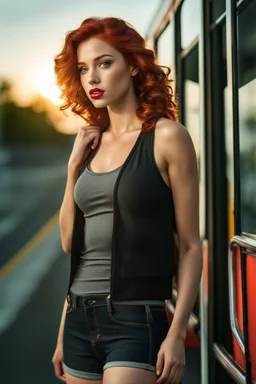 An image of a Teenage female, full body, looking at camera, at sunset, wearing tight tank top, 3D effect, on a bus stop, glossy wavy red hair, hyperrealistic, full lips, lip gloss, soft natural light, thick lines