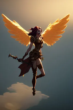 steampunk angel flying above the ocean, pale, golden glow, majestic