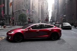 A Tesla 'Model Y' is parked, on 'Wall Street', in New York. (CINEMATIC, WIDE ANGLE LENS, PHOTO REAL)