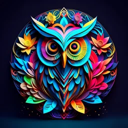 beautiful owl, colorful, 3d, trippy, center, cutie, vibrant, accurate, circular shape, bunchy, highly detailed, 32k, cut out, paper cut, logo design, complex, 3d lighting, Persian, realistic head, colorful, floral, flowers, ancient, symmetrical, abstract, black background, texture