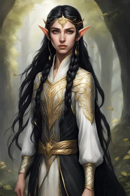 young elven, with golden eyes, long braided black hair, dressed in elegant elven tunic